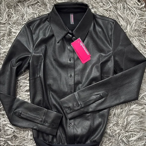 Commando Lightweight Faux Black Button Down Leather bodysuit Size Small - Picture 1 of 14